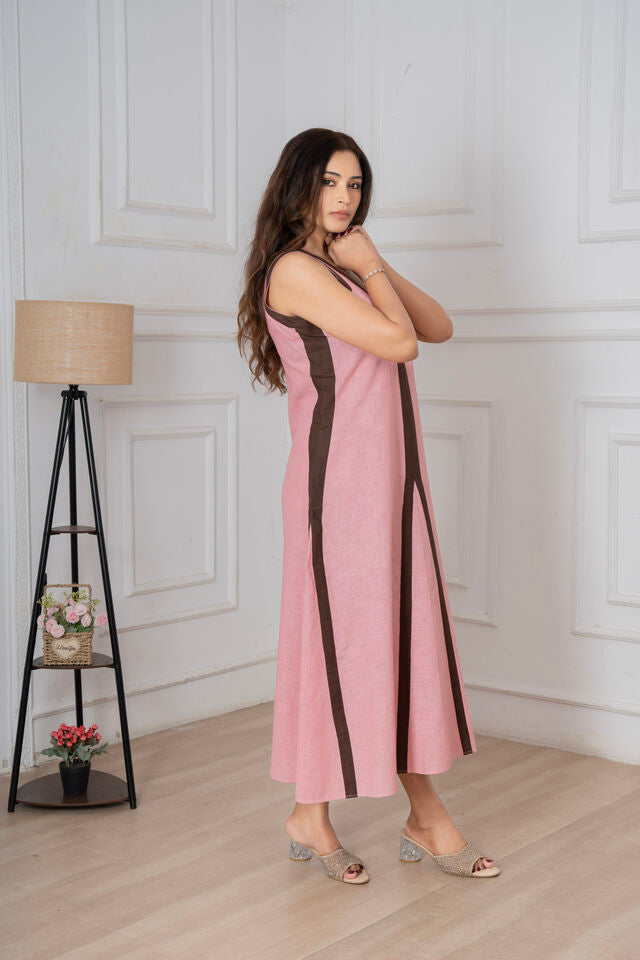 Flamingo Pink & Brown Linen Stripes Dress