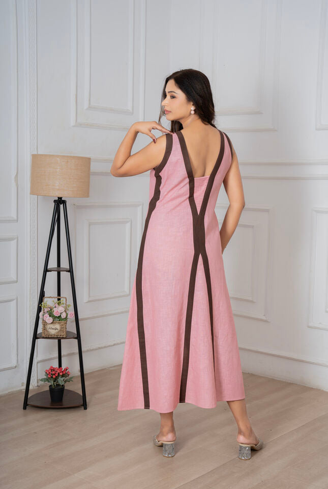 Flamingo Pink & Brown Linen Stripes Dress