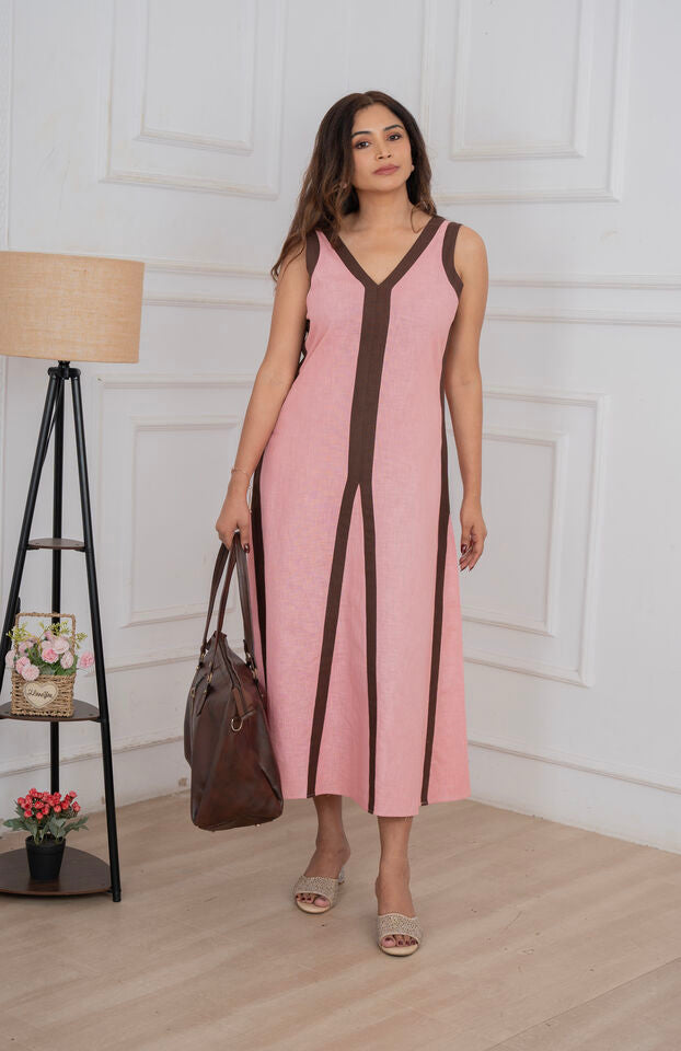 Flamingo Pink & Brown Linen Stripes Dress