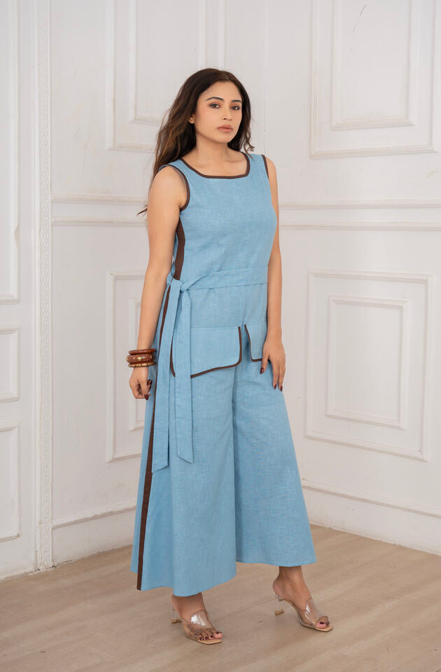 Ocean Blue & Brown Linen Jumpsuit