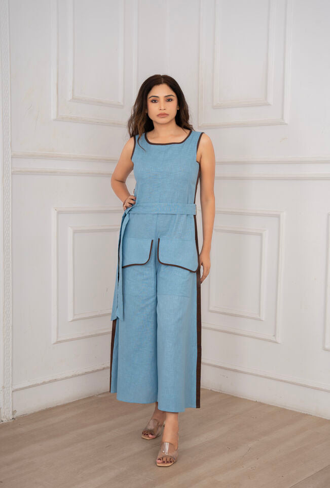 Ocean Blue & Brown Linen Jumpsuit