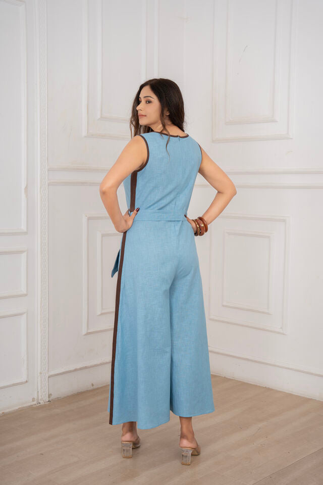 Ocean Blue & Brown Linen Jumpsuit