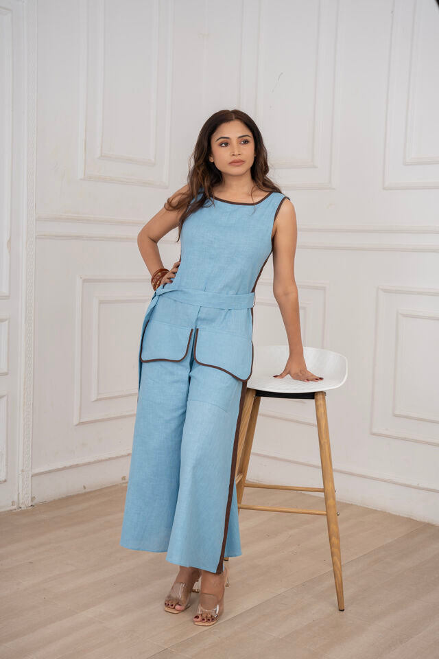 Ocean Blue & Brown Linen Jumpsuit