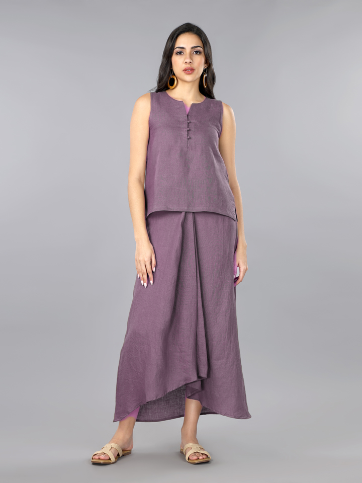 Mocha Mousse Linen Top & Pleated Skirt Set