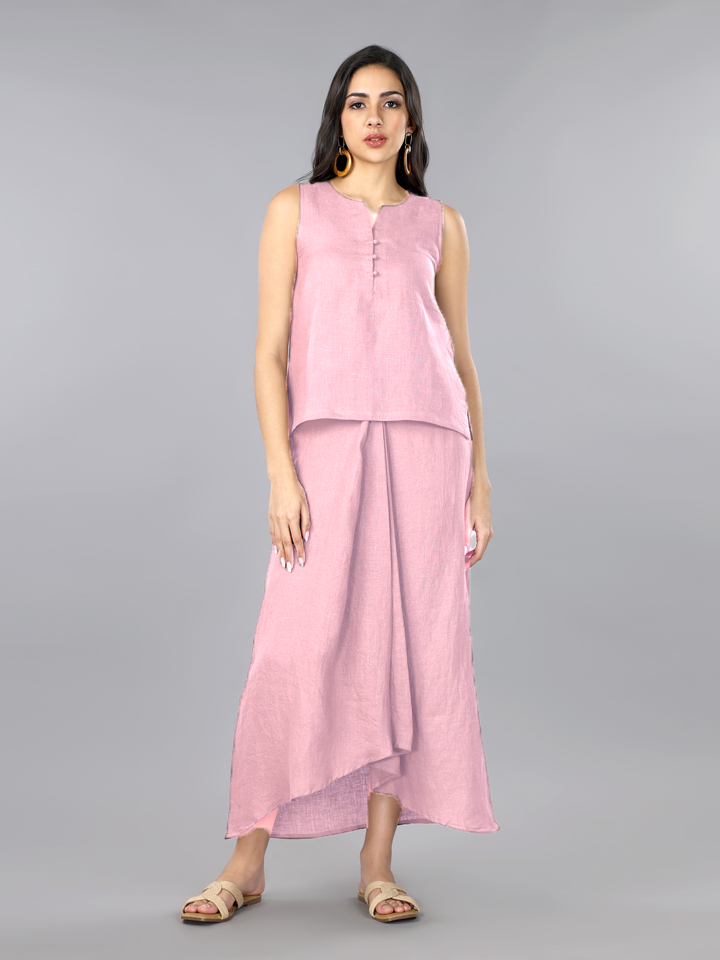 Mocha Mousse Linen Top & Pleated Skirt Set