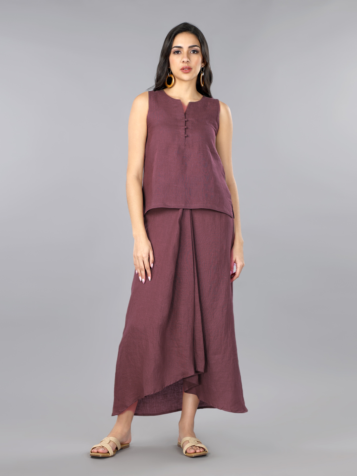 Mocha Mousse Linen Top & Pleated Skirt Set