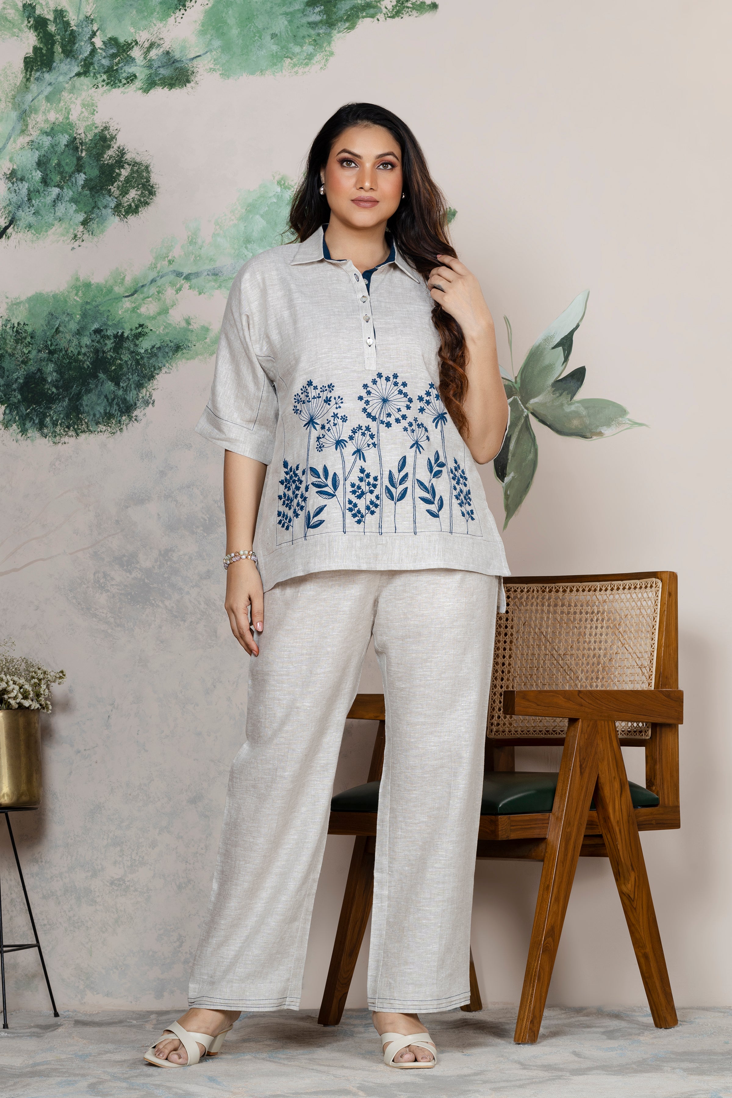 Natural Linen Embroidered Coord Set