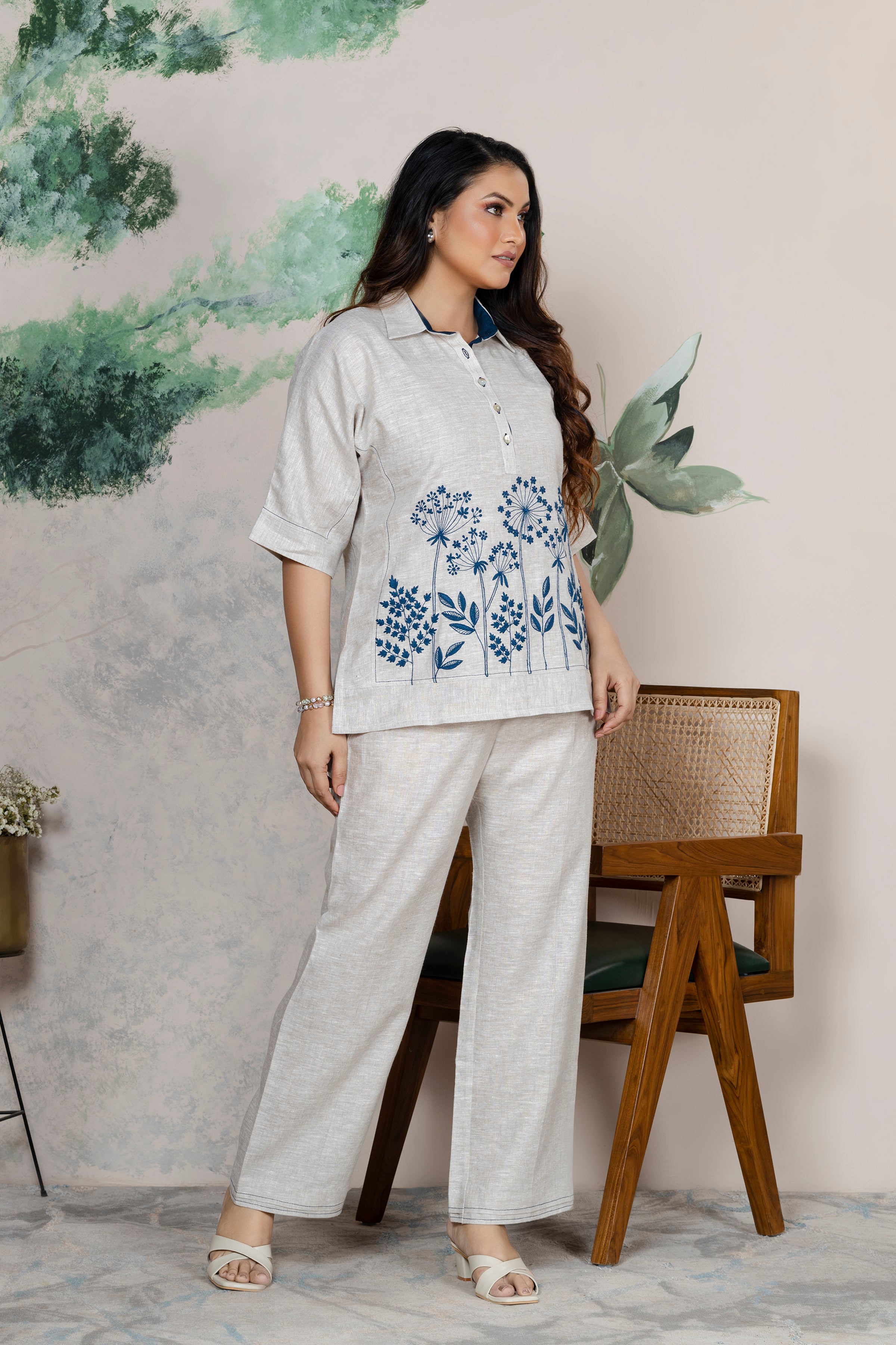 Natural Linen Embroidered Coord Set