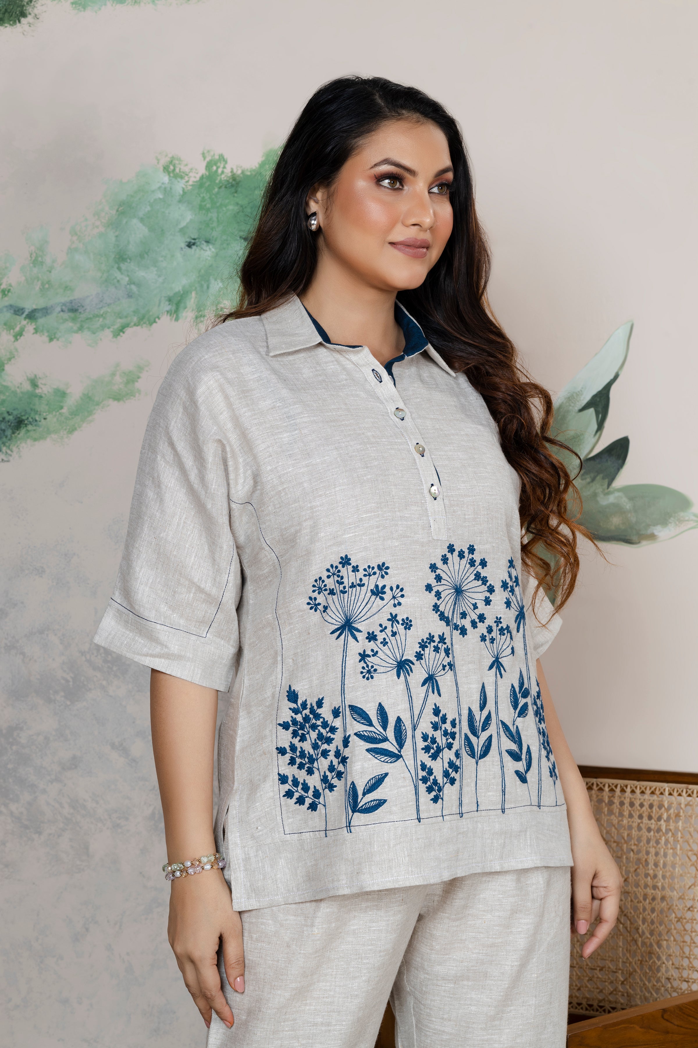 Natural Linen Embroidered Coord Set