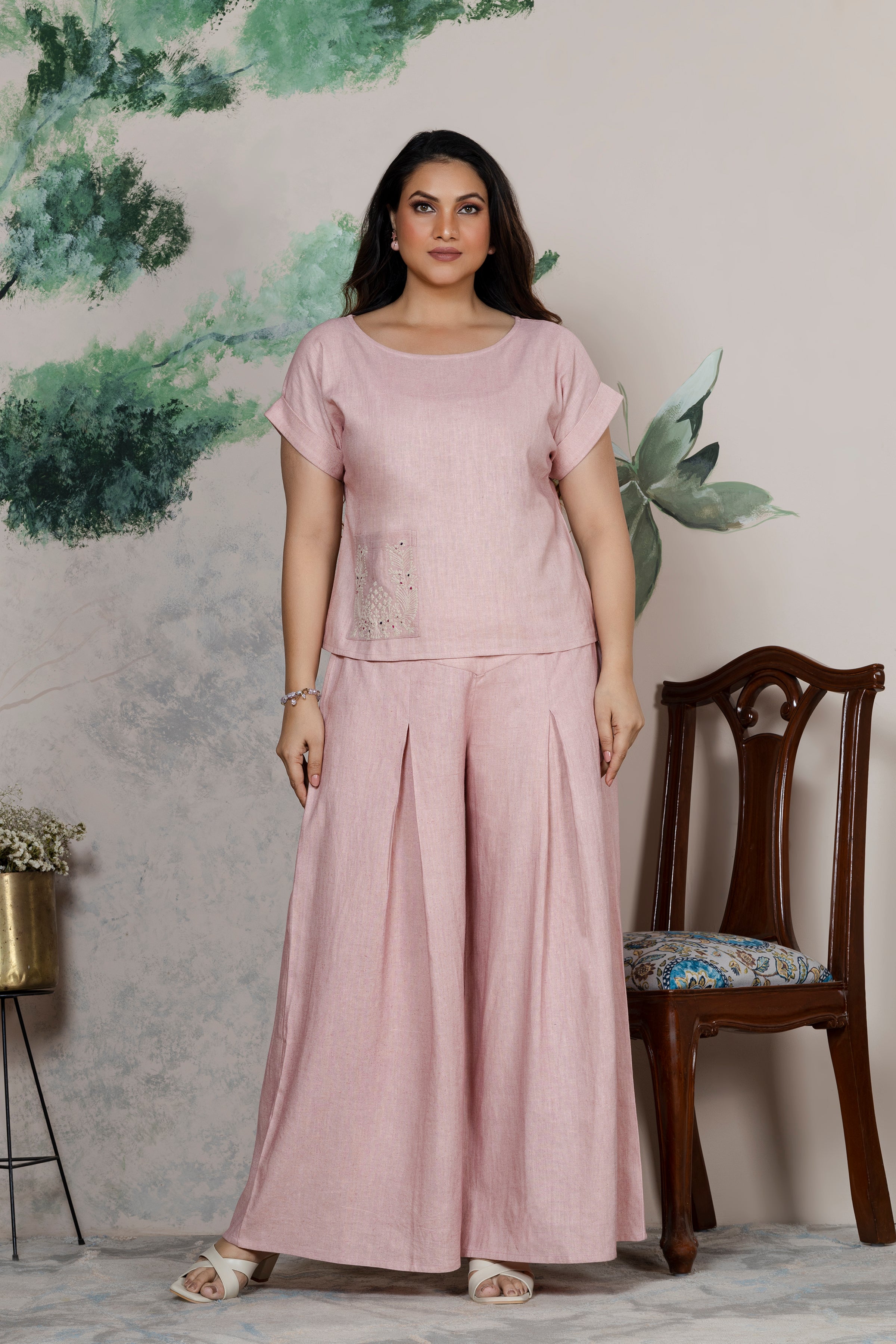 Flamingo Linen Pocket Embroidered Coord Set