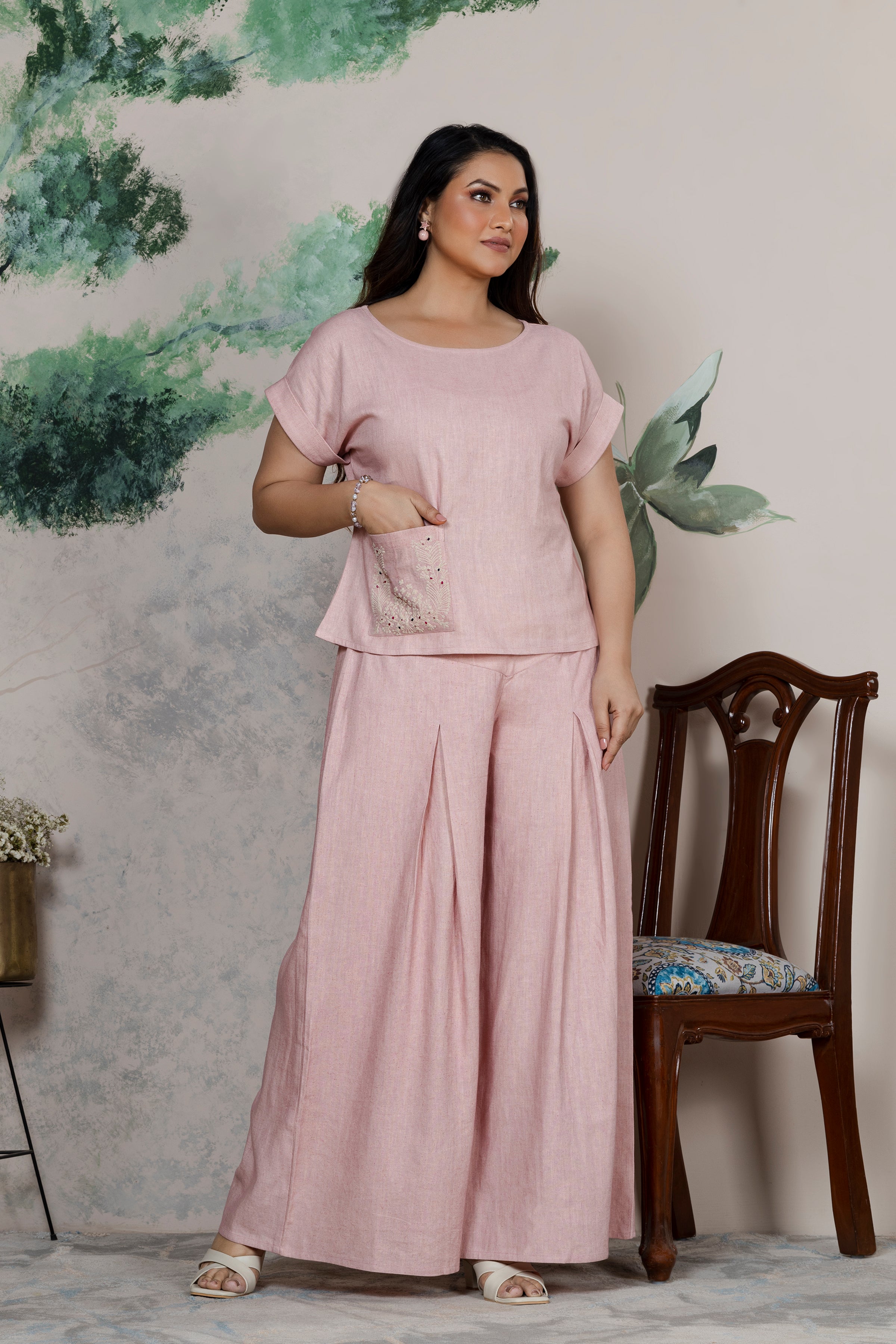 Flamingo Linen Pocket Embroidered Coord Set
