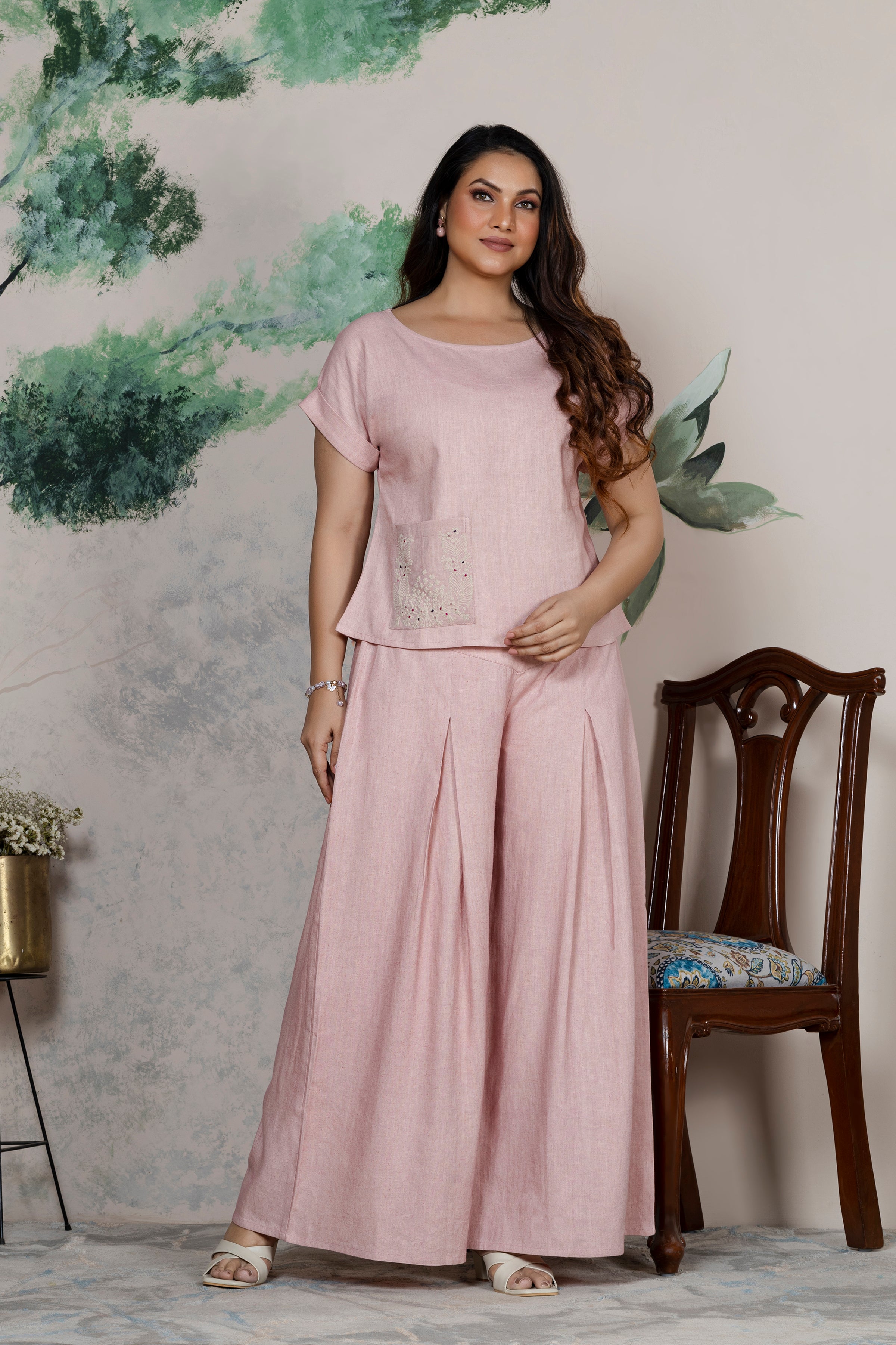 Flamingo Linen Pocket Embroidered Coord Set