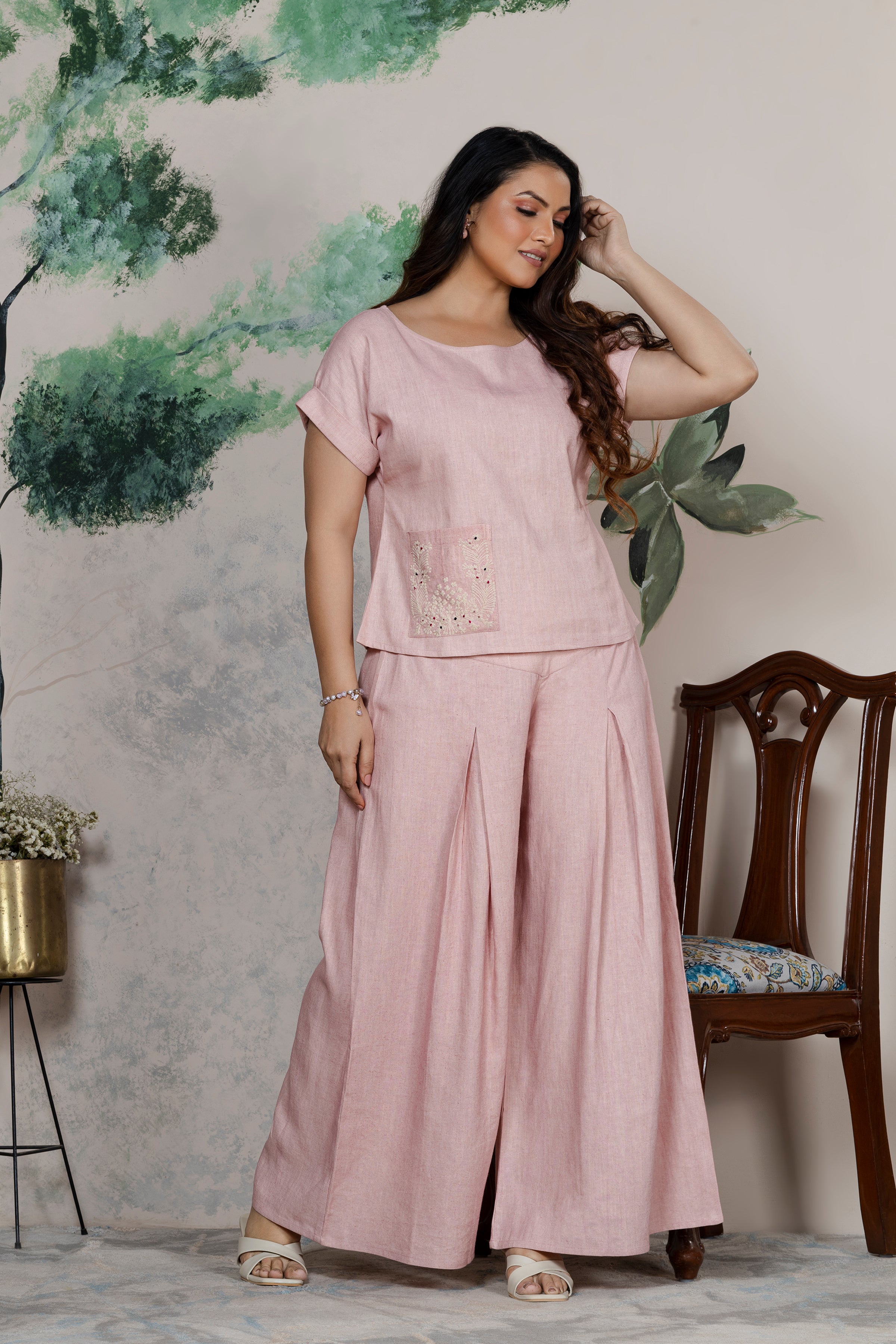 Flamingo Linen Pocket Embroidered Coord Set