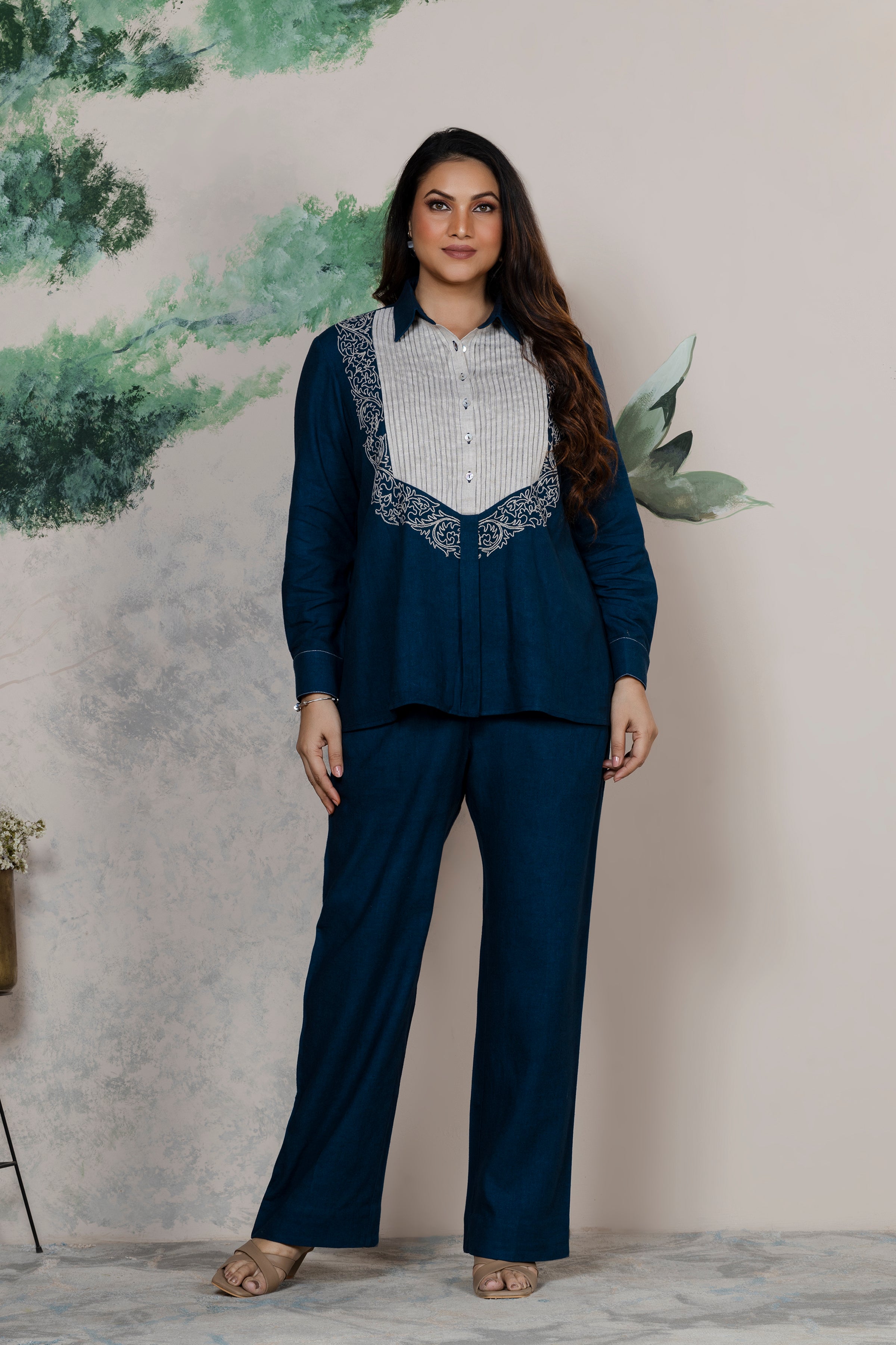 Indigo Linen Embroidered Coord Set