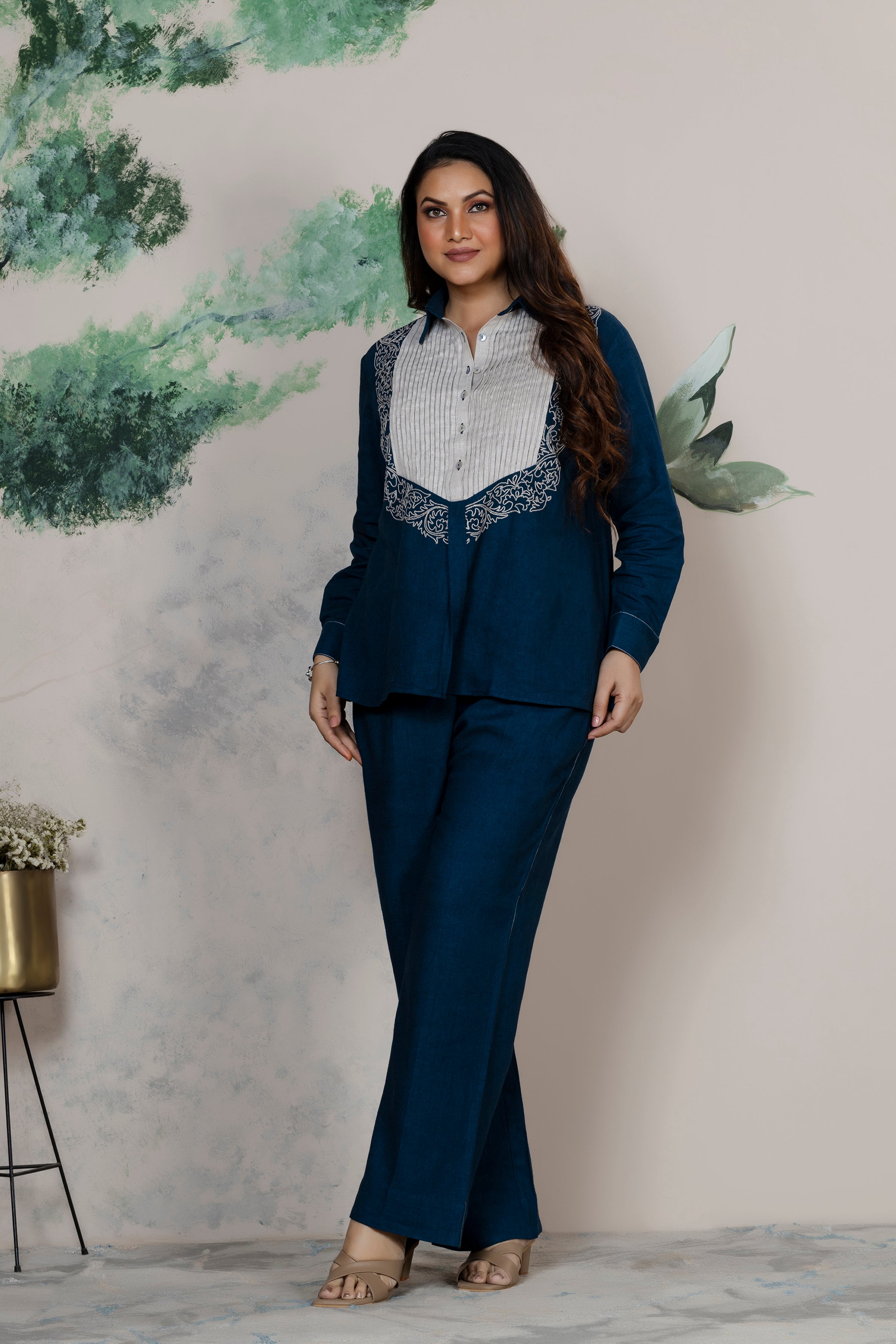 Indigo Linen Embroidered Coord Set