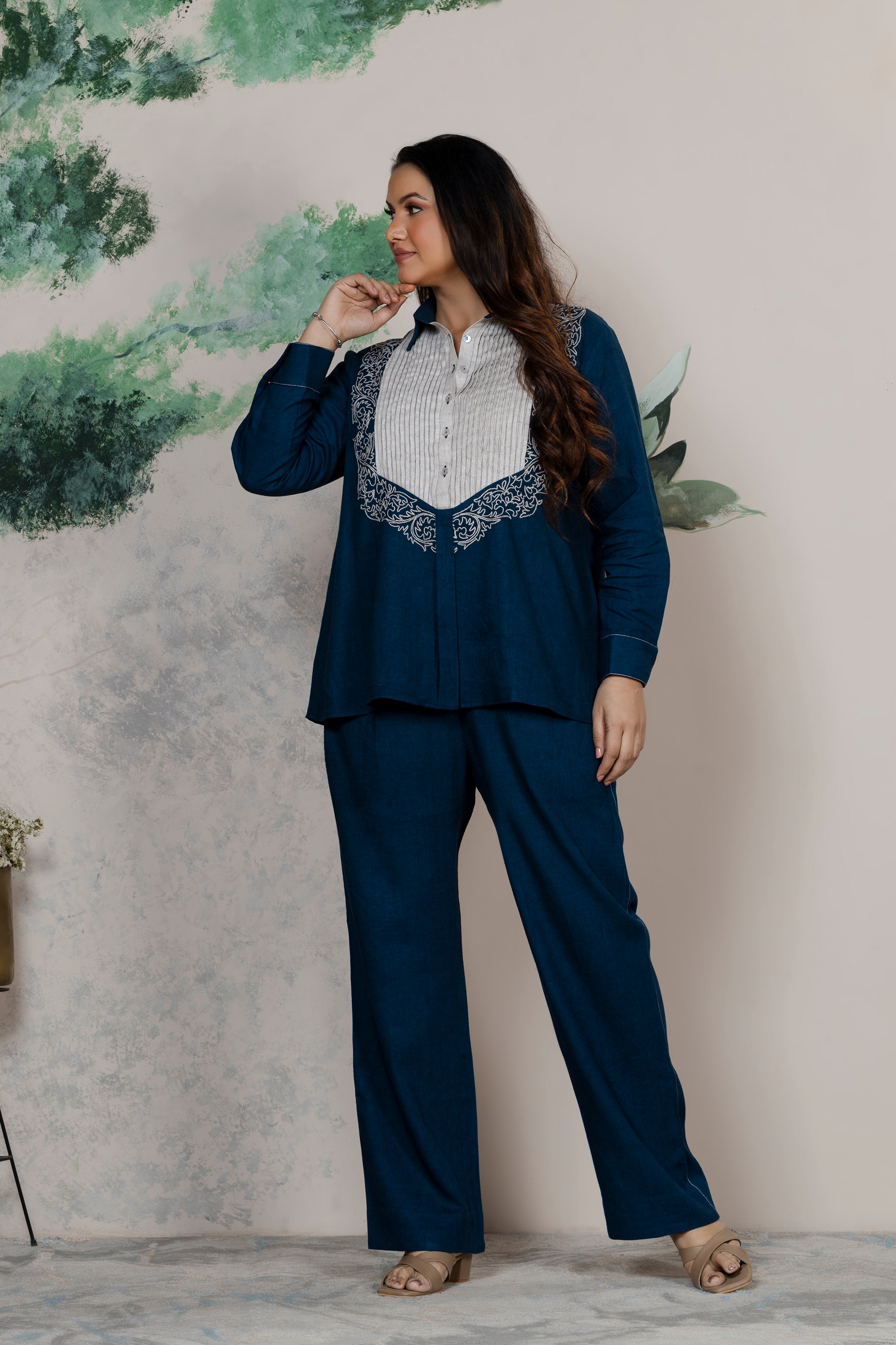 Indigo Linen Embroidered Coord Set