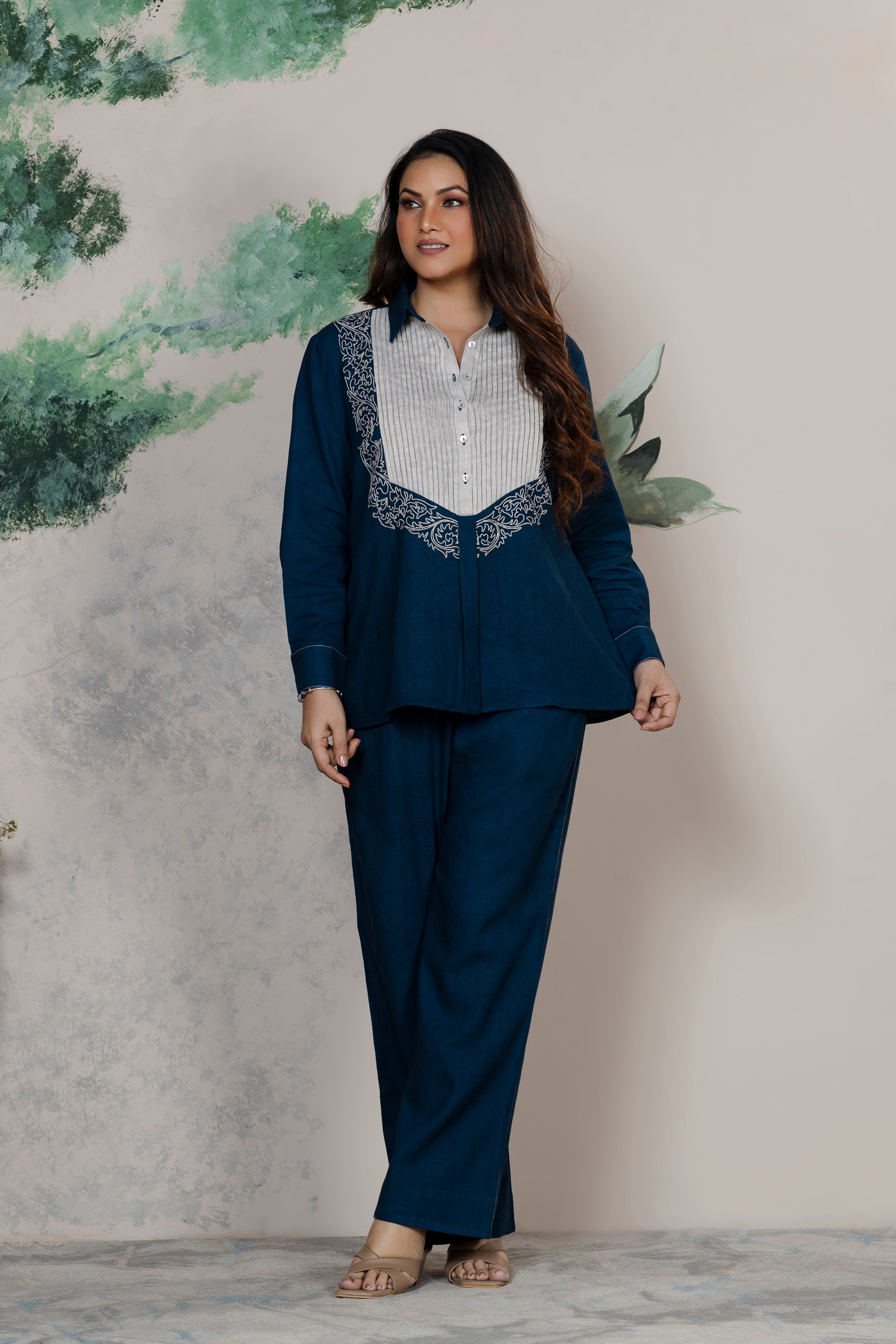 Indigo Linen Embroidered Coord Set