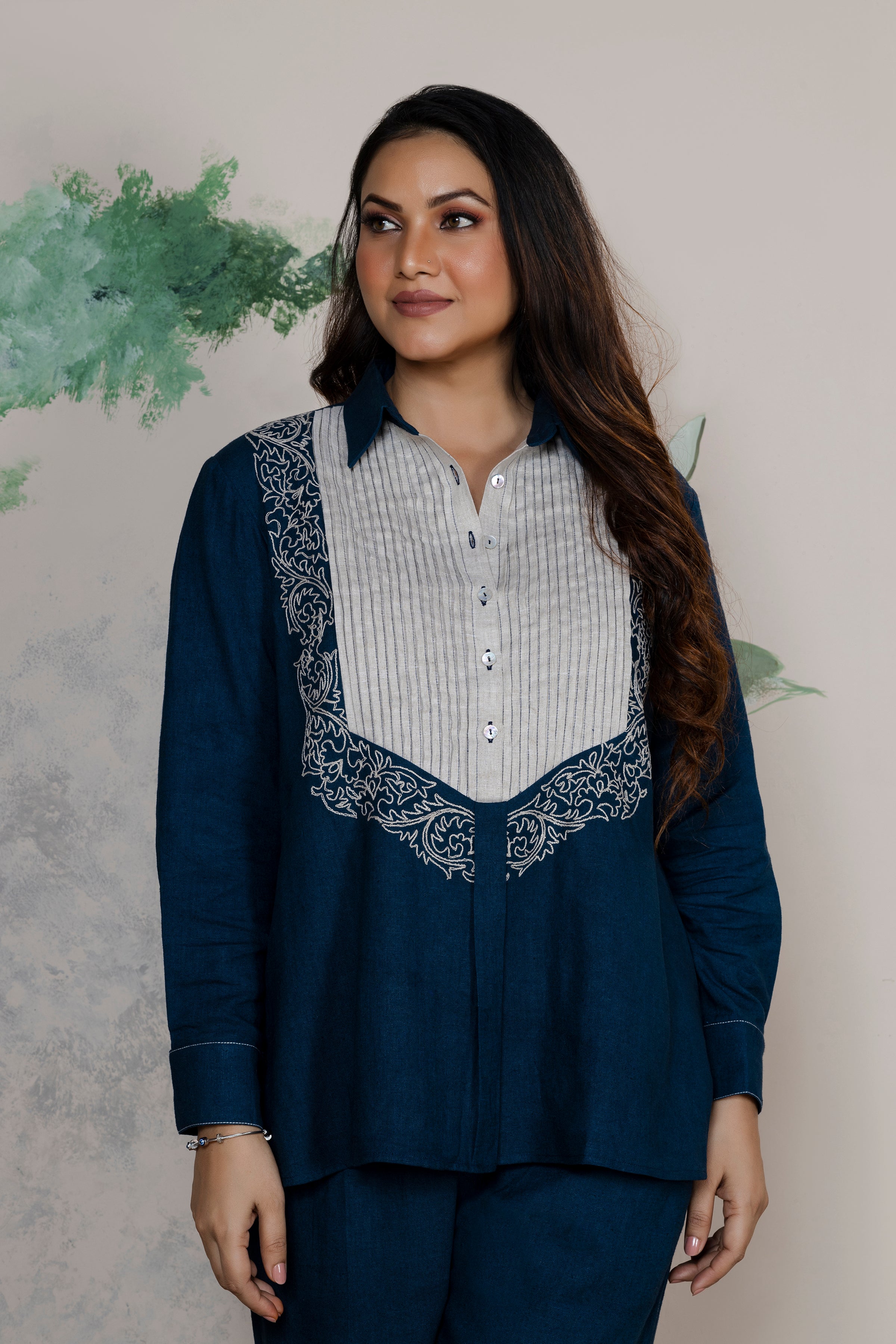 Indigo Linen Embroidered Coord Set