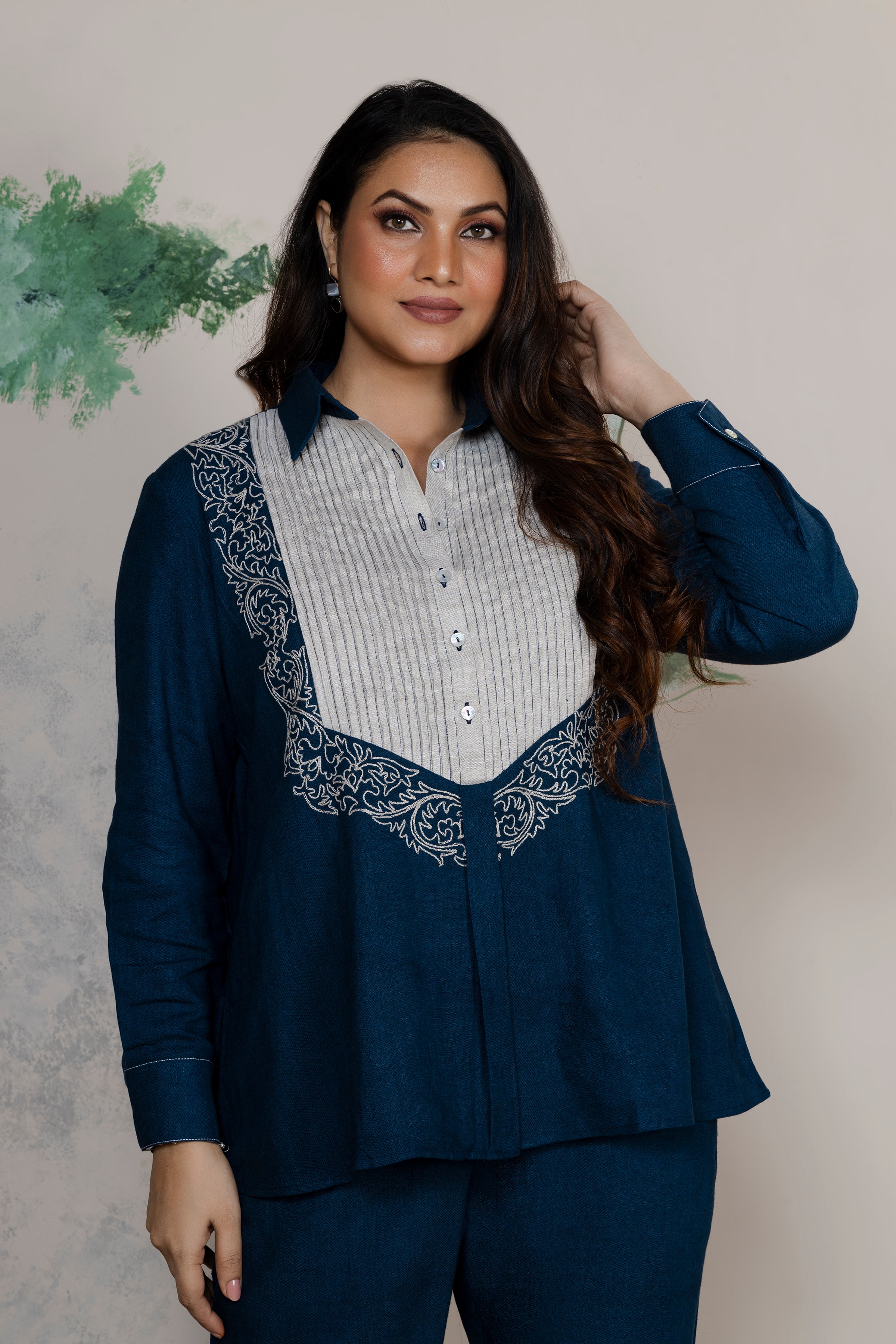 Indigo Linen Embroidered Coord Set