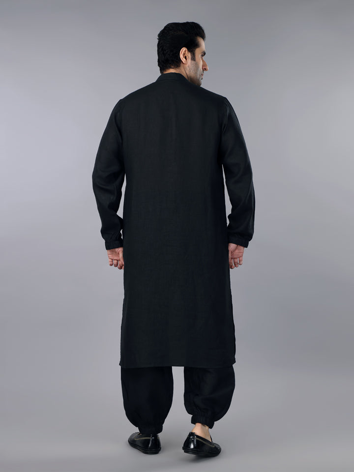 Pitch Black Linen Zipper Kurta & Jogger Pant Set