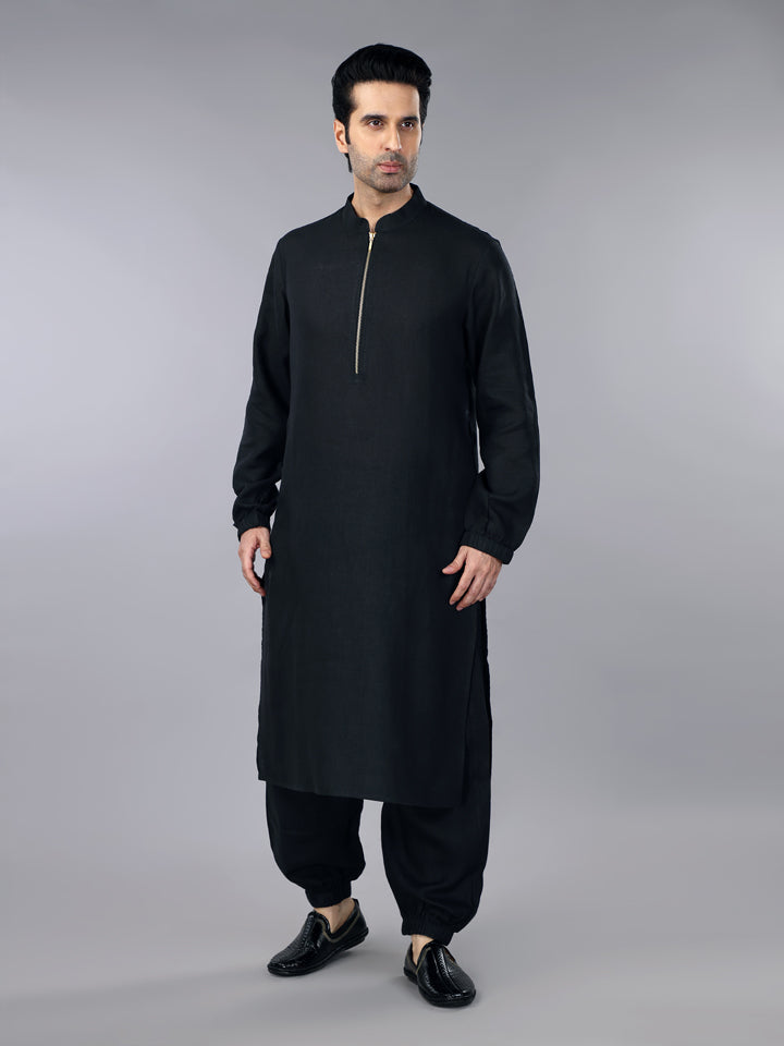 Pitch Black Linen Zipper Kurta & Jogger Pant Set