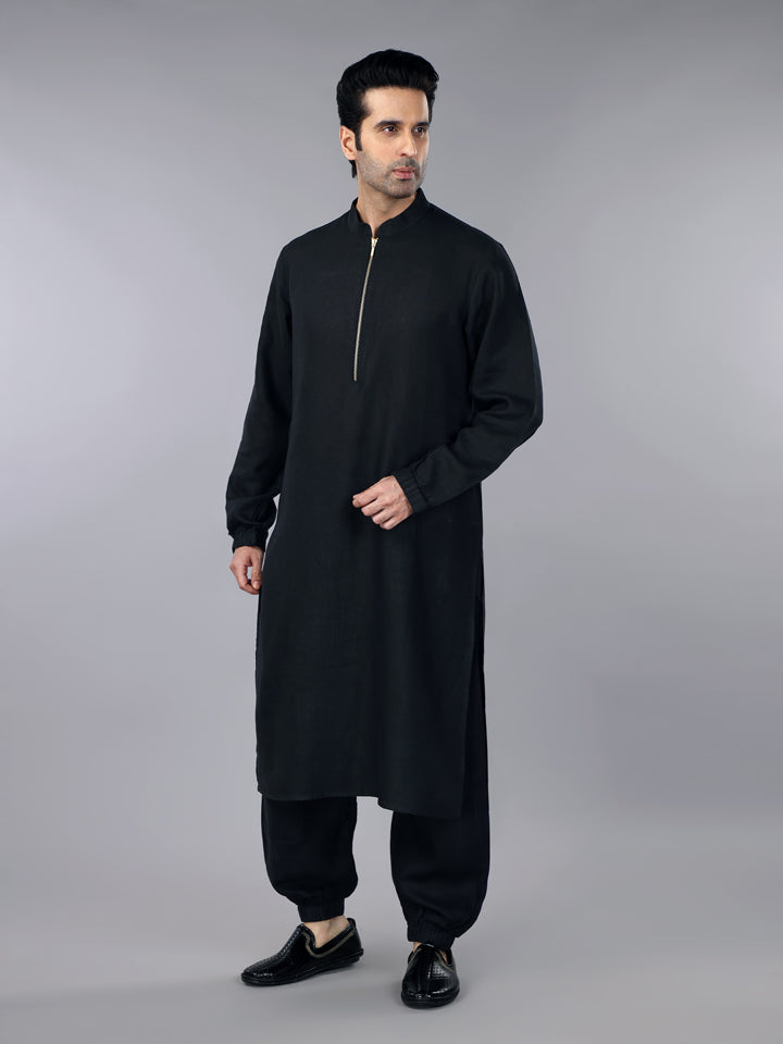 Pitch Black Linen Zipper Kurta & Jogger Pant Set