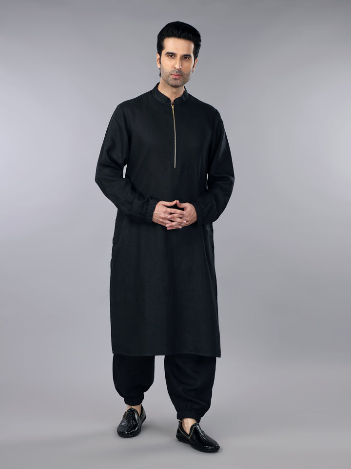 Pitch Black Linen Zipper Kurta & Jogger Pant Set