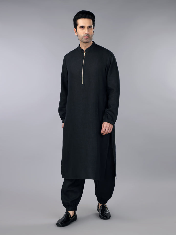 Pitch Black Linen Zipper Kurta & Jogger Pant Set