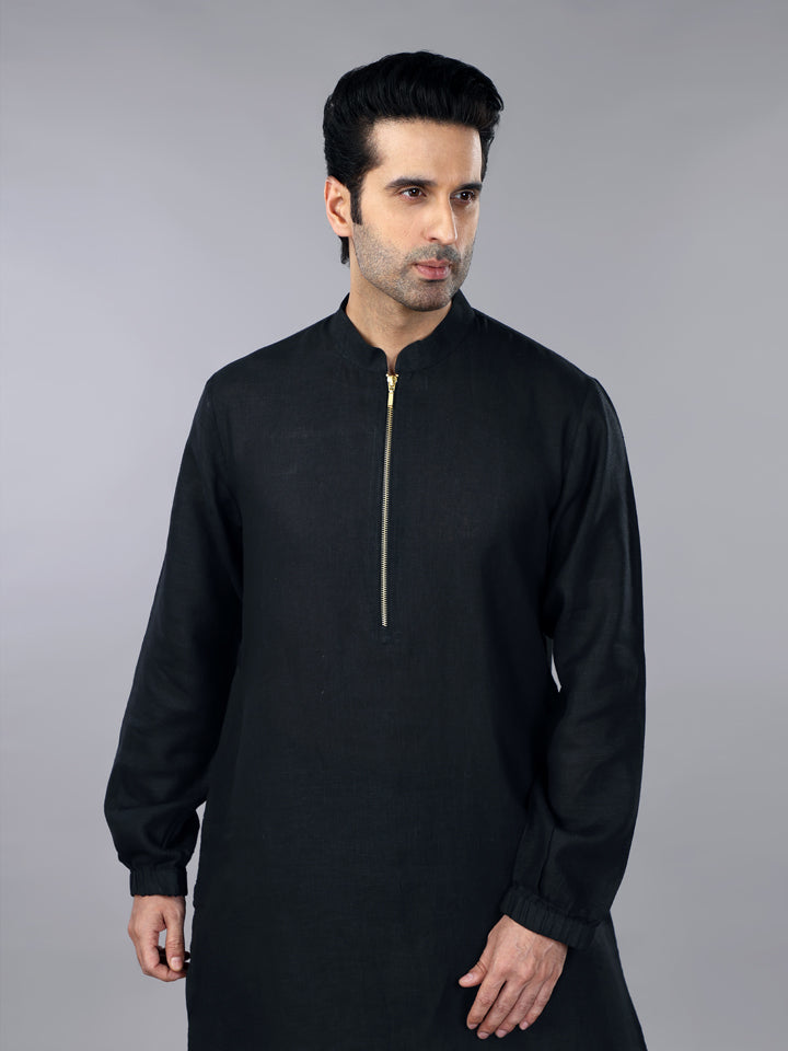 Pitch Black Linen Zipper Kurta & Jogger Pant Set
