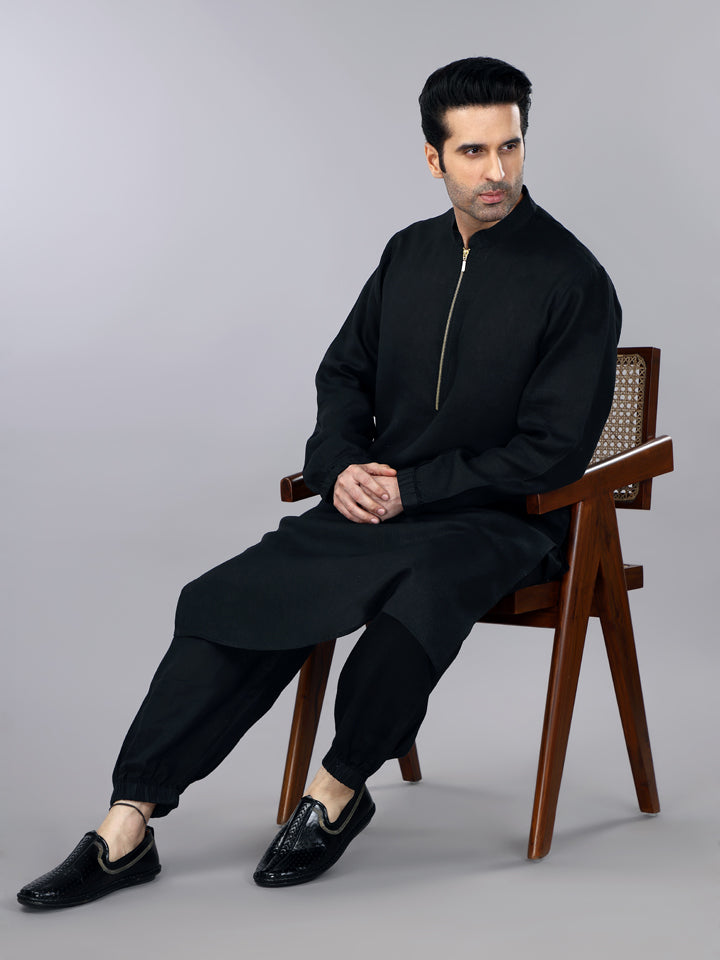 Pitch Black Linen Zipper Kurta & Jogger Pant Set