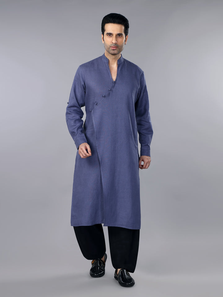 Slate Grey Linen Overlap Kurta & Salwar Set