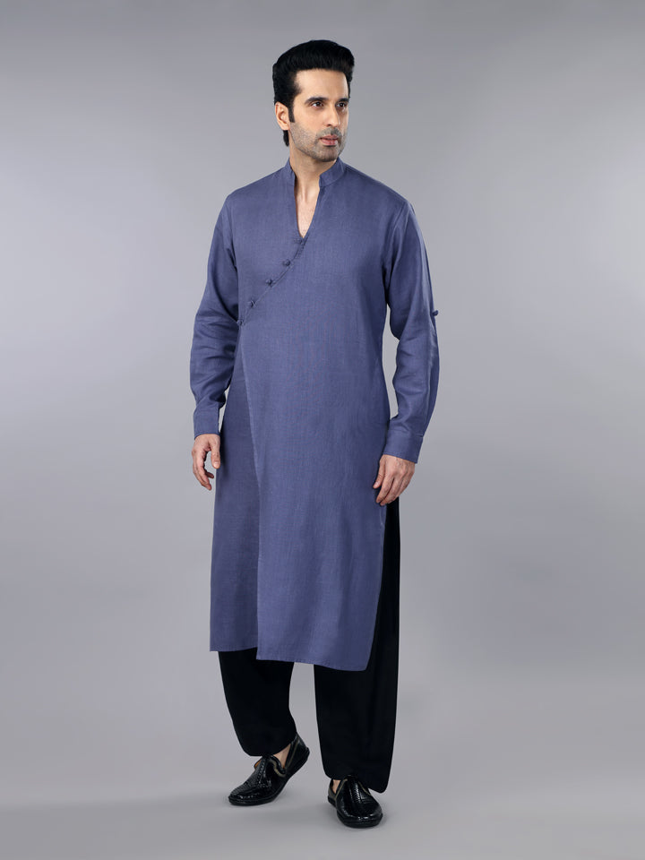 Slate Grey Linen Overlap Kurta & Salwar Set