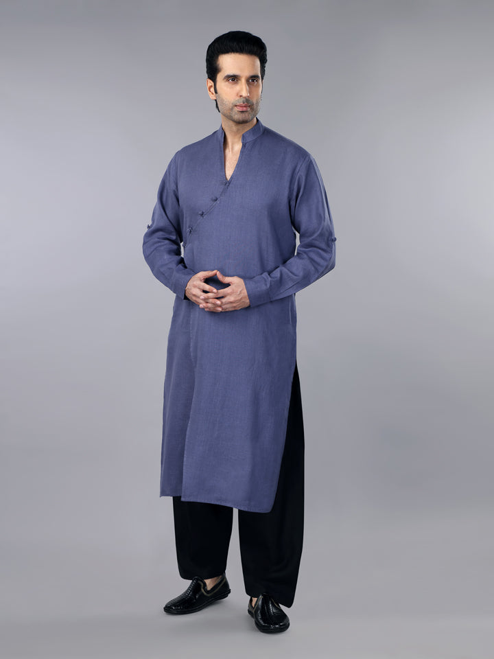 Slate Grey Linen Overlap Kurta & Salwar Set