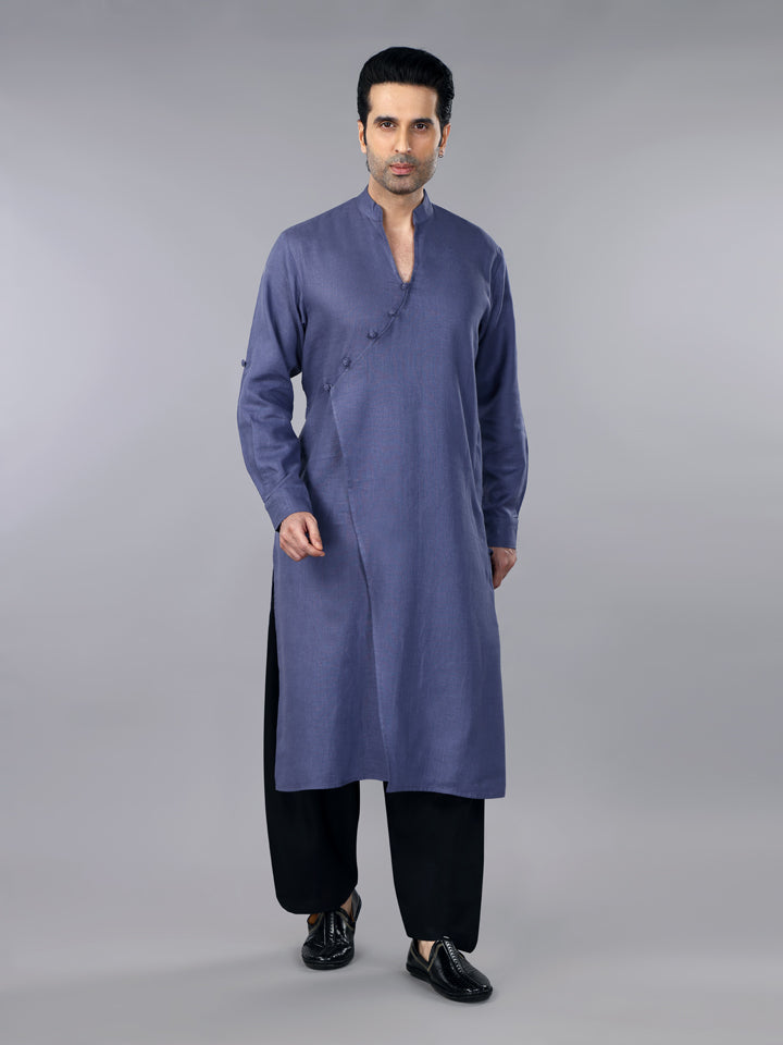 Slate Grey Linen Overlap Kurta & Salwar Set