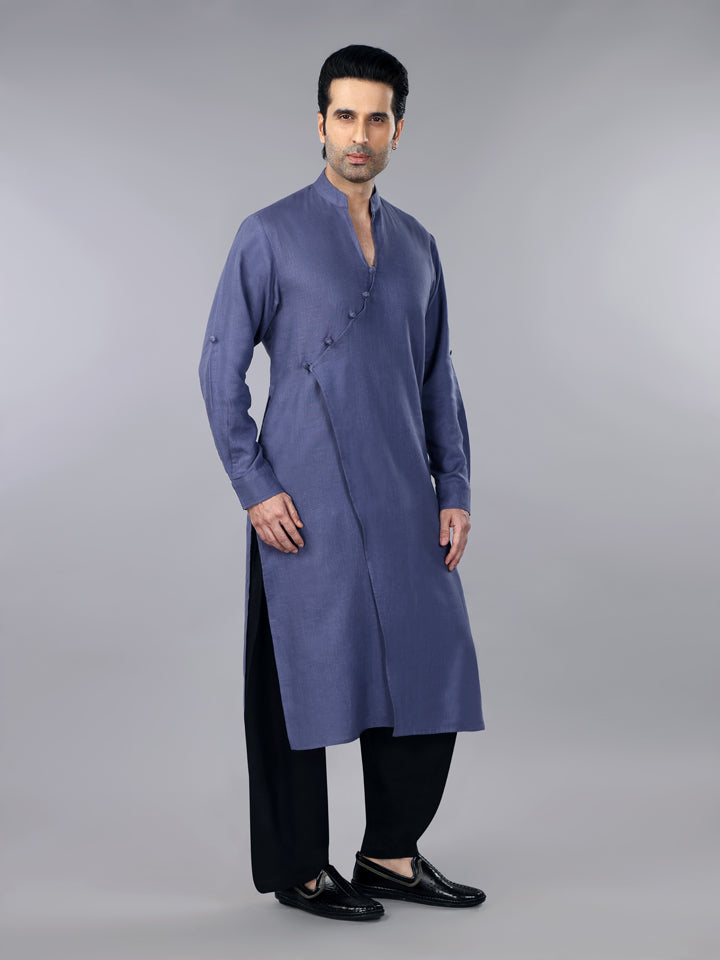 Slate Grey Linen Overlap Kurta & Salwar Set