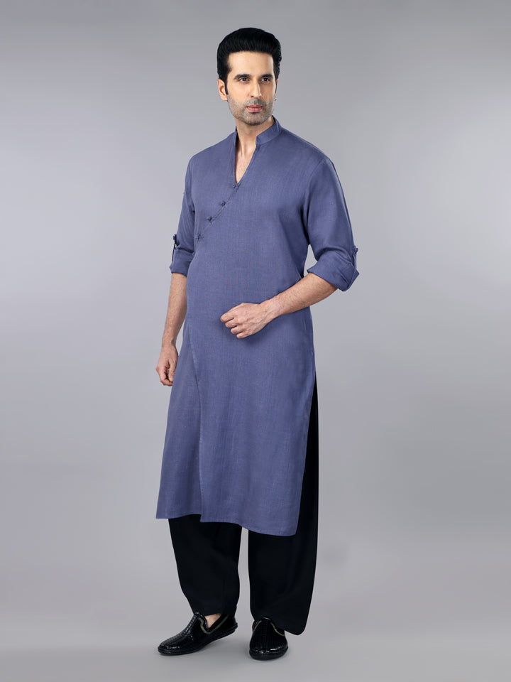 Slate Grey Linen Overlap Kurta & Salwar Set